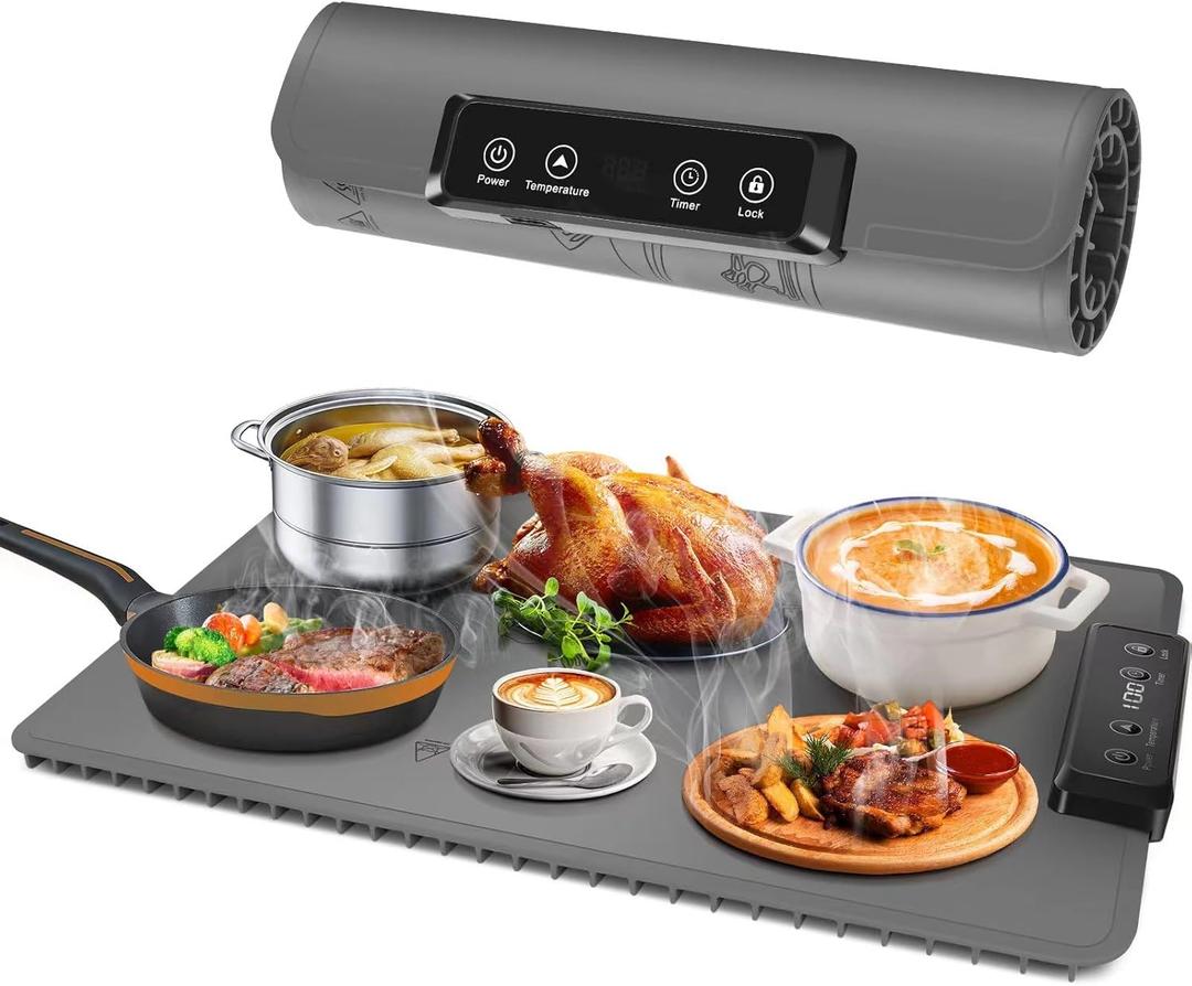 Portable Warming Mat For Food - Warmers For Parties Buffet, Electric Fast Warming Tray For Home & Kitchen, Roll Up Buffet Hot Plates Heat Pad For Family Meals with Timer & 8-level temp
