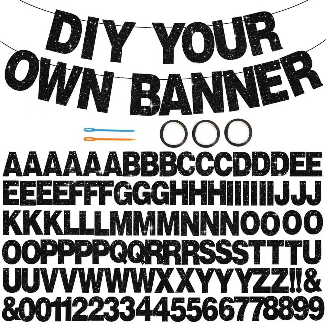 BEISHIDA 116 PCS A-Z DIY Letter Banner Kit Make Your Own Banner Including 111 Letters and Numbers 3 Rope and 2 Threading Device,Customized for Birthday Graduation Wedding Decor Black