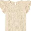 Girls Summer Ruffle Short Sleeve Casual Pleated Blouse Cute Keyhole Neckline Solid Tops Beige 13-14 Years
