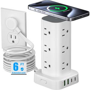 Tower Power Strip with 15W Wireless Charger, 6FT Flat Plug Extension Cord with Multiple Outlets, 12 AC Outlets, 4 USB Ports (2 USB C) Charging Station Surge Protector for Office Home Dorm Room (White)