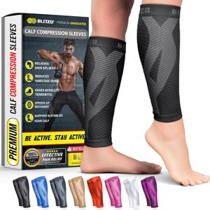 BLITZU Calf Compression Sleeve for Men & Women Footless Compression Socks Support Runners Leg Sleeve Shin Splints Pain Relief (Black L-XL)