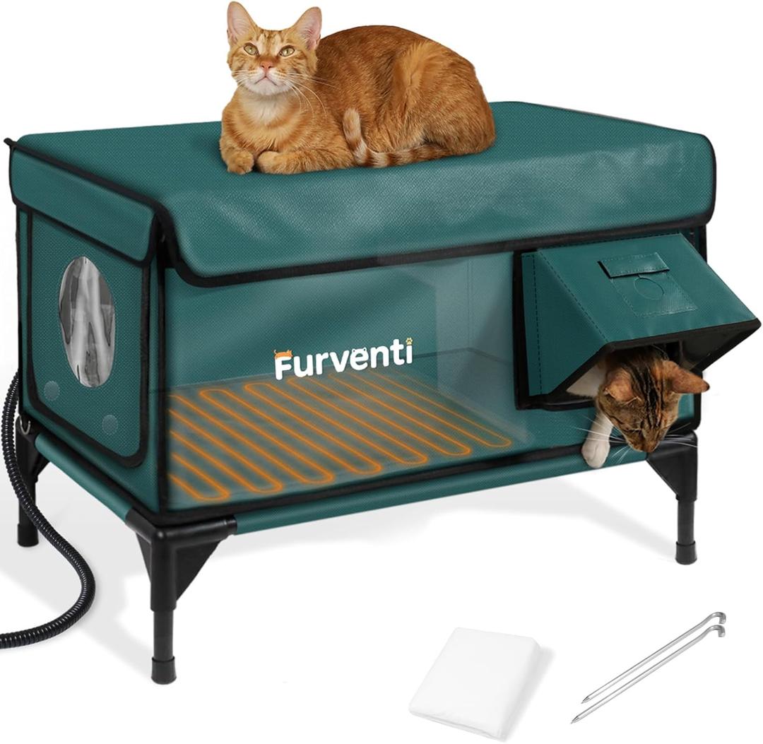 Heated Cat House for Outside, Dual Camera Mounts, 100% Weatherproof & Extremely Insulated, Elevated Feral Cat Shelter with Escape Door, Waterproof Eaves for Outdoor Stray Barn Cat (Dark Green, XL)