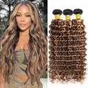 BilltiiWW 1BP427 Deep Wave Bundles Highlight Dark Brown and Blonde Bundles Two Tone Brazilian Hair Extensions Soft and Silky for Black Women 8 10 12 Inch