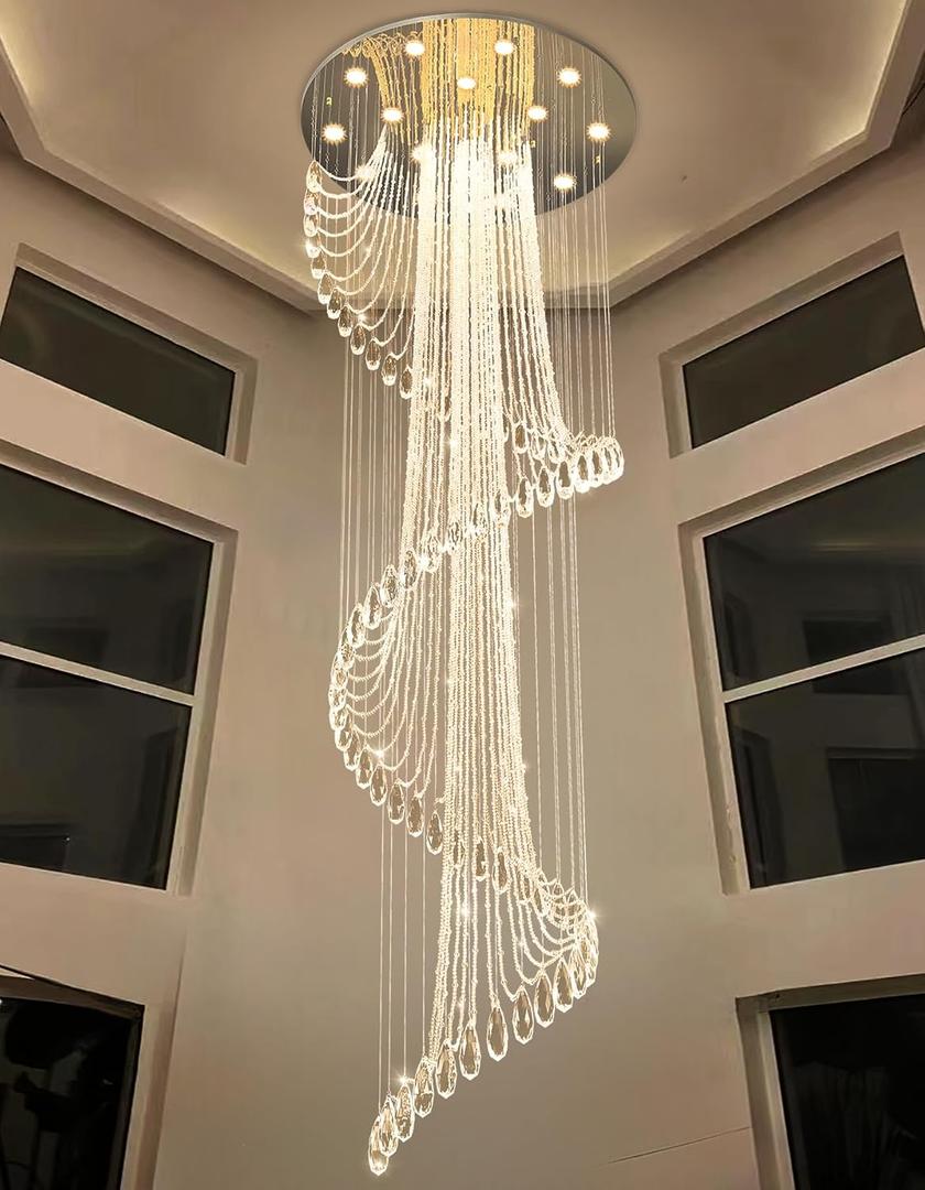D40'' x H120'' Modern Crystal Chandelier for Foyer Glam Chandelier High Ceiling Chandeliers Large Raindrop Pendant Lights LED Dimmable Light Fixtures for Staircaes Living Room Entryway Silver