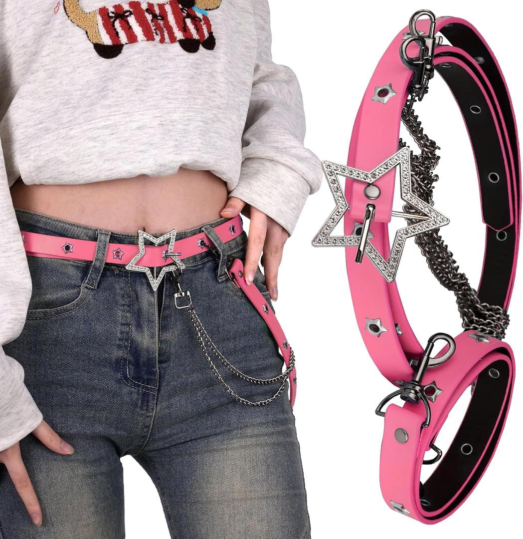 Y2K Aesthetic Colorful Faux Leather Belt, Adjustable Star Decor Dopamine Waist Belt Street Style for Female
