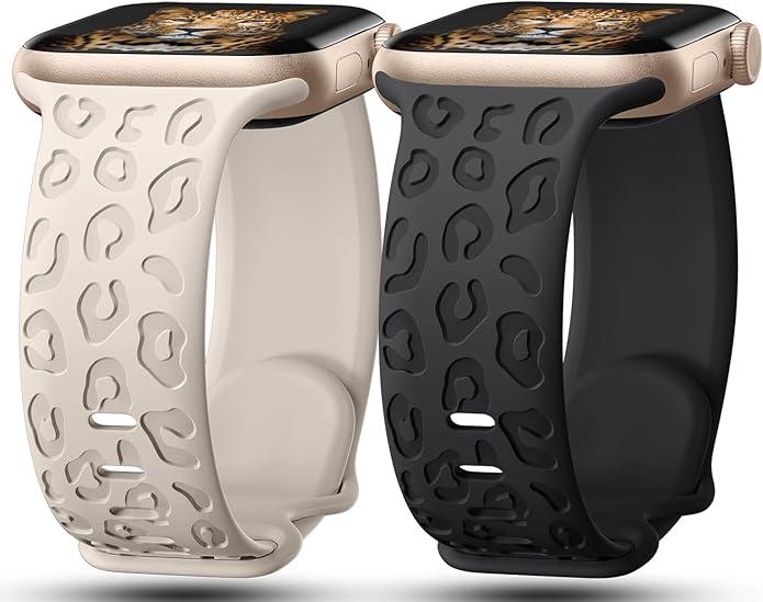 2Pack Leopard Engraved Bands Compatible with Apple Watch Band 41MM/40MM/38MM Women, Silicone Cheetah Sport Strap for iWatch Series SE 10 9 8 7 6 5 4 3 2 1,Ultra