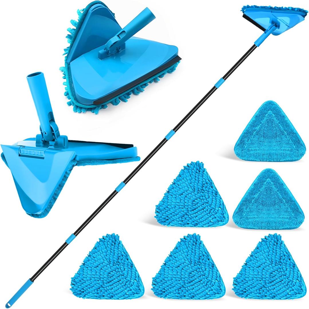 NEWE Wall Mop Cleaner with 80 inches Long Handle, 180 Folding Ceiling Cleaning Tool with Squeegee for Washing Painted Walls, Triangle Baseboard Scrubber with 4 Chenille Duster and 2 Microfiber Pads (Blue)