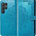 10 x Wallet Case for Samsung Galaxy S25 Ultra Case Leather Flip Folio Magnetic Shockproof Protective Cover with Card Slots and Lanyard Cover for Samsung Galaxy S25 Ultra. Mandala Blue