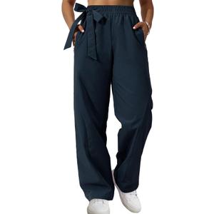 Women's Wide Leg Pants Y2K Trendy Elastic Waist Track Pants Baggy Tie Knot Trousers with Zipper Pockets Streetwear Casual (Blue, L)