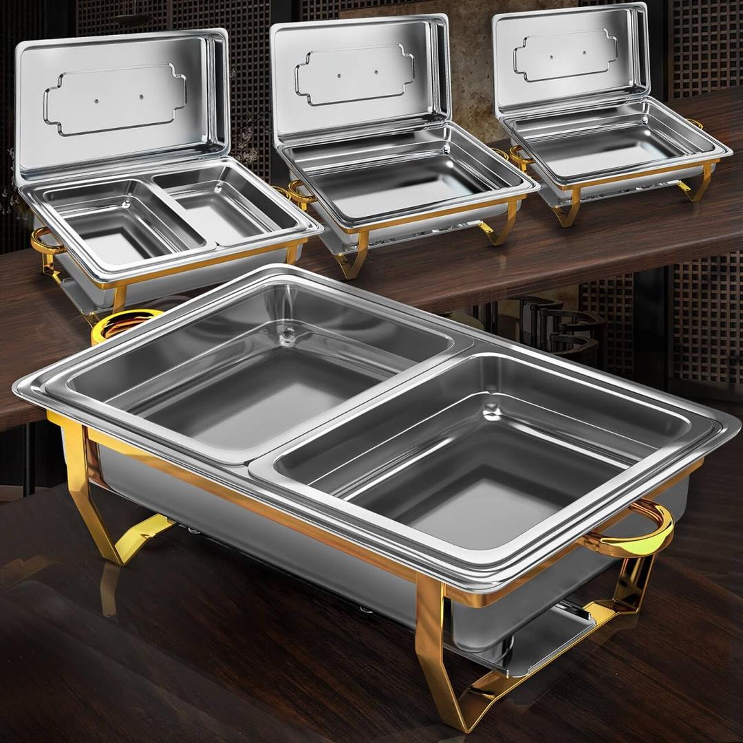 Chafing Dishes for Buffet 4 Pack, [Elegant Gold and Silver] Stainless Steel Chafing Dish Buffet Set, 9QT No-Finger Cut Roll Edge Chafers and Buffet Warmers Sets for Party (Gold 1/2 Panx2+Full Panx2)