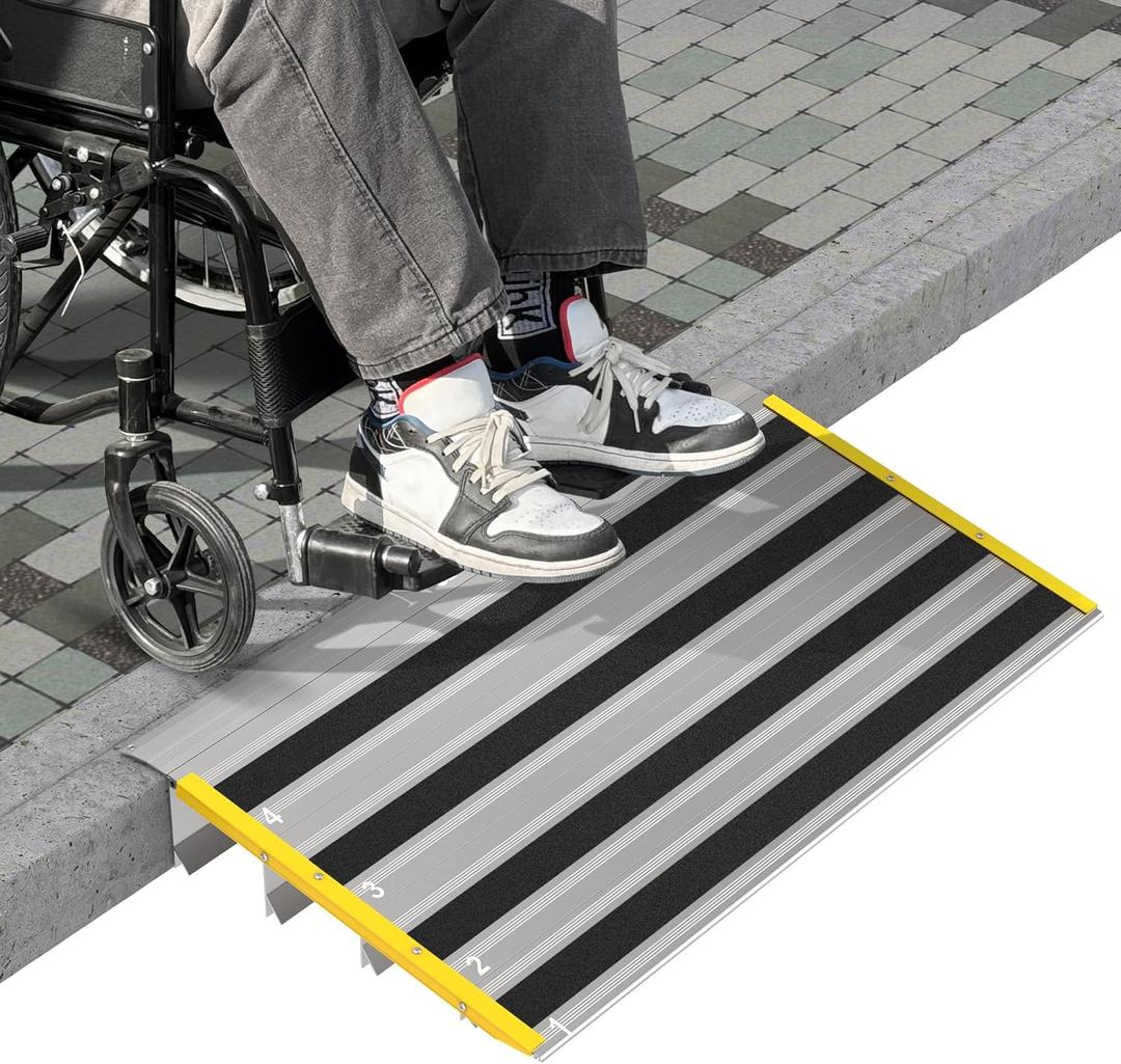 4" Rise Door Threshold Ramps for Doorways, Stable Yellow Edge, Aluminum Wheelchair Ramp for Home Steps, Adjustable Modular Entry Ramp for Scooters, Power Chairs, 880LBS Load Capacity