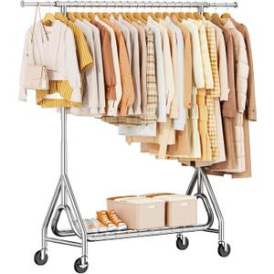 Heavy Duty Clothing Rack, Metal Clothes Rack Load 450 LBS, Rolling Coat Racks for Hanging Clothes with Lockable Wheels, Wardrobe Closet Garment Racks for Bedroom, Silver