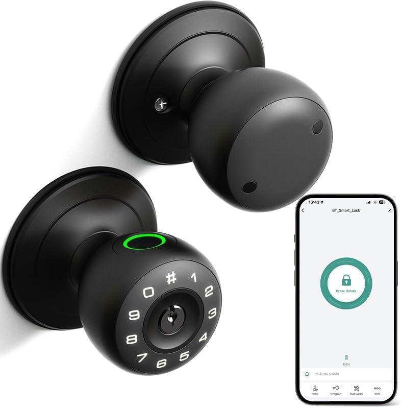 Fingerprint Door Lock,4 in 1 Smart Door Knob with Keypad Code, Biometric & App Control, Auto-Lock, Keyless Entry Door Locks for Bedroom, Home, Garage, Apartment, Office, Warehouse