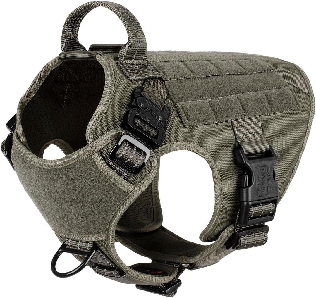 ICEFANG Tactical Dog Harness, Medium Size, 2X Metal Buckle, Working Dog MOLLE Vest with Handle, No Pulling Front Leash Clip, Hook and Loop Panel (Green, M (Pack of 1))