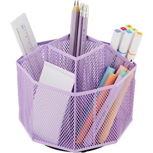 Annova Mesh Desk Organizer Rotate with 5 Compartments Spinning Tidy Candy/Pen Holder Office, Art Supply, Storage, Classroom, Home (Light Purple)