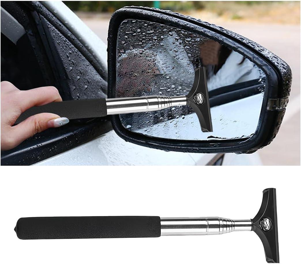 Car Side Mirror Squeegee, Retractable Vehicle Rear View Mirror Wiper with Anti-Slip Handle, Portable Auto Rearview Squeegee Cleaner, Universal Fit (Black/Car Logo)