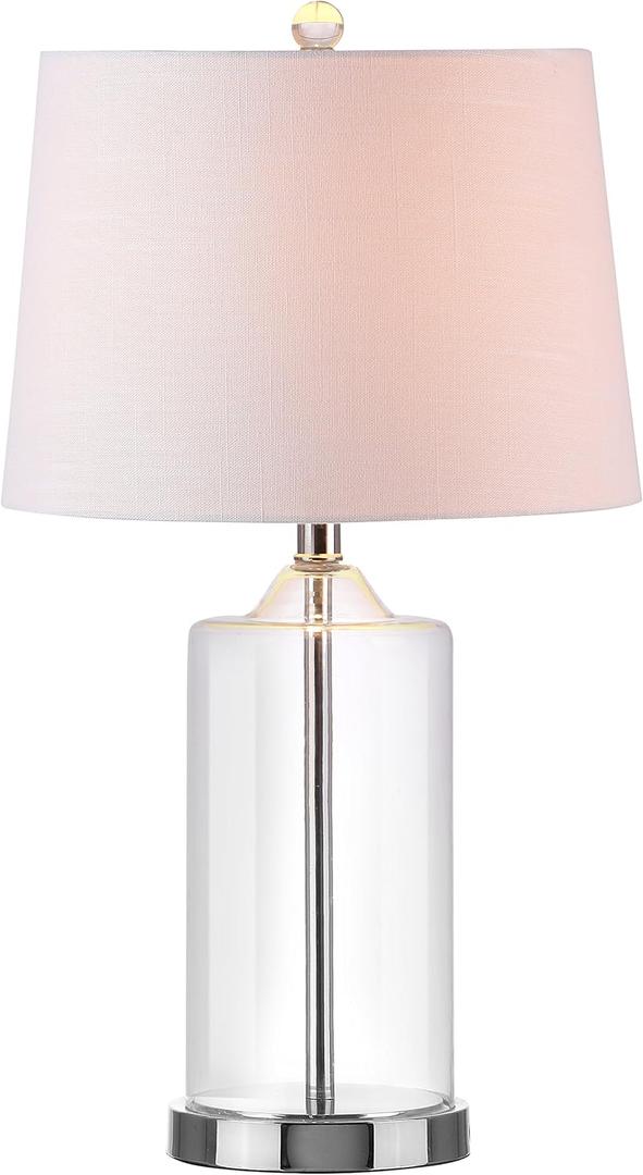 JONATHAN Y 25" Clear Glass and Chrome LED Table Lamp, Modern Coastal Bedside Lamp with White Linen Drum Shade for Living Room, Farmhouse Decor, LED Bulb Included JYL1018A