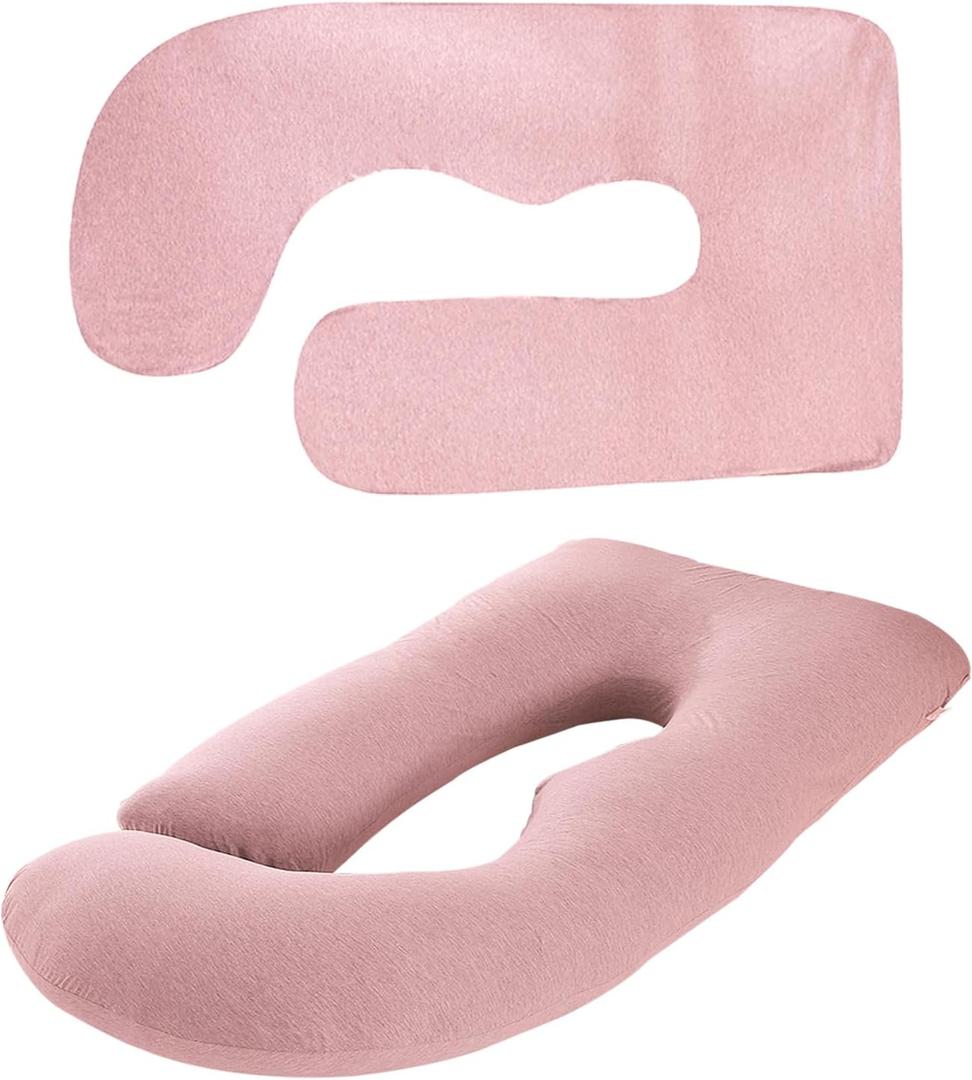 Cooling Pregnancy Pillow Cover - Soft Breathable Knit Fabric U Shaped Body Pillowcase, Fits 55-57 Inch Maternity Pillows, for Side Sleepers, Machine Washable, Hidden Zip, No Pillow Insert (Pink)
