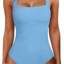 ANRABESS Bodysuits for Women Summer Ribbed Knit Sleeveless Square Neck Tank Tops Slim Fitted Going Out Vacation Outfits Sky Blue, Large