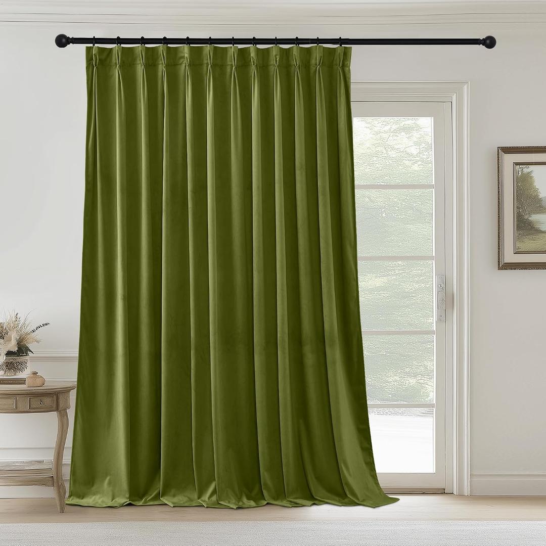 StangH Pinch Pleated Olive Green Velvet Curtains for Living Room, Extra Wide Light Blocking Track Window Covering Thermal Insulated Elegant Home Decor for Bedroom Closet, W72 x L96, 1 Panel