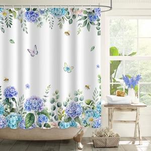 APROPHIC Floral Hydrangea Shower Curtain for Bathroom Decor, Blue Hydrangea Branches Butterfly Plants Curtain Set, Farmhouse Waterproof Fabric Shower Curtain with Hooks Machine Washable 72x72in