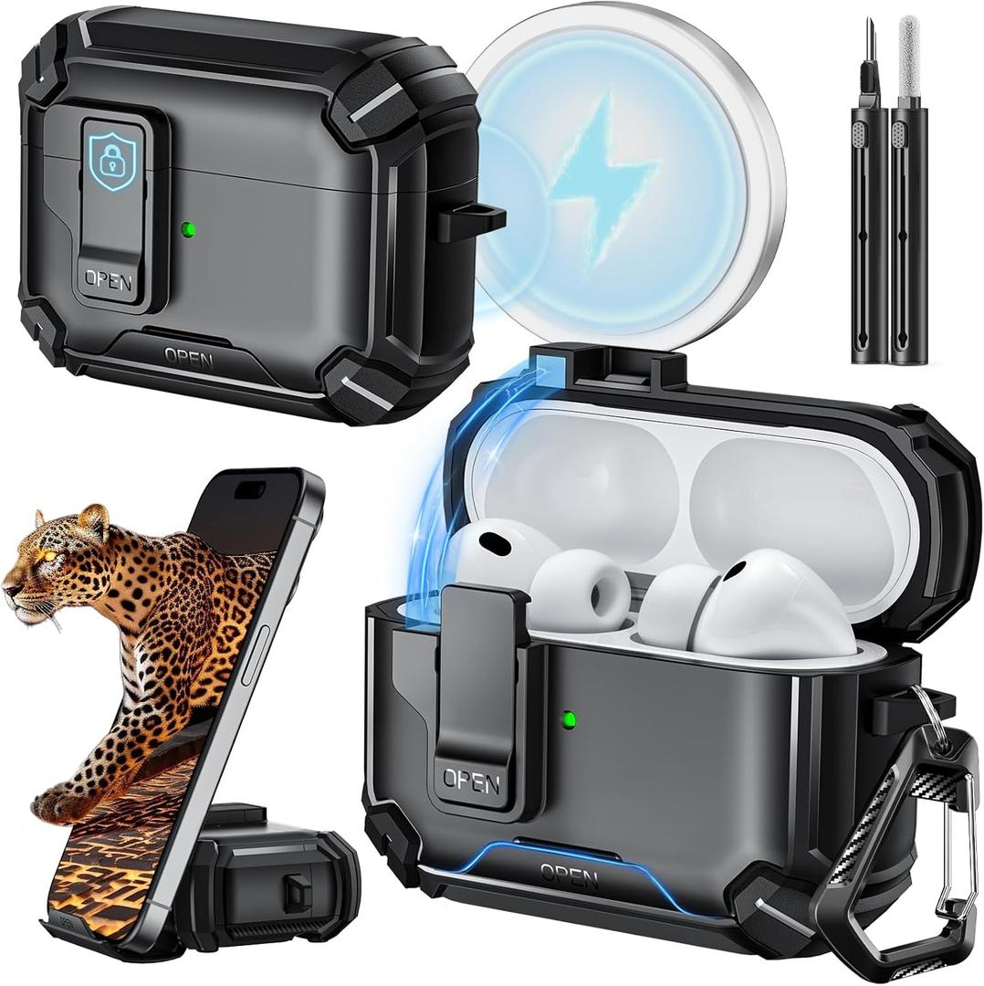 Inesore for AirPods Pro 3 Case (2025) with Phone Stand & Cleaning Kit, Compatible with Magsafe, Magnetic Automatic Lock Cover for AirPods Pro 3rd Generation, Black