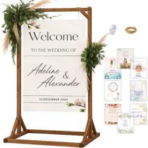 Wooden Welcome Sign Stand, Adjustable Sign Holder Stand, Heavy Duty Wood Easel w/ Poster Design Templates & Leather Straps for Wedding, Bridal Baby Shower, Birthday Party, 62" x 30" x 20"