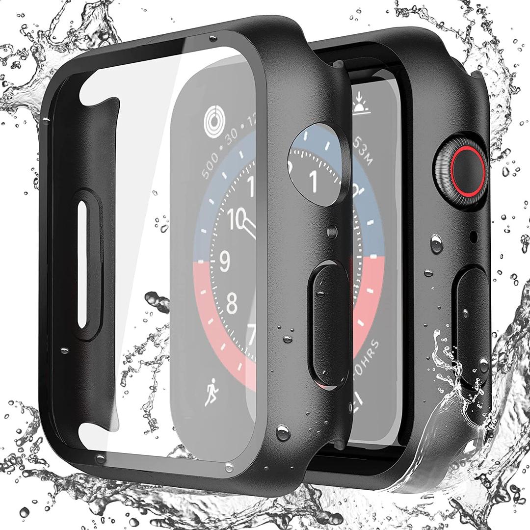 Misxi 2-Pack Waterproof Hard Case with Tempered Glass Compatible with Apple Watch SE 3 SE 2 SE Series 6 Series 5 Series 4 44mm, Ultra-Thin Protective Cover for iWatch Screen Protector, Matte Black
