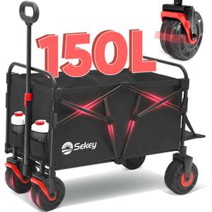 Sekey Wagon Cart with Big All-Terrain Beach Wheels, Collapsible Heavy Duty Extended Wagons with Taligate, Foldable Utility Carts for Camping, Garden, Outdoor, Grocery, Sports. Black