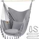 Y- STOP Hammock Chair Hanging Rope Swing, Max 500 Lbs, 2 Cushions Included, Large Macrame Hanging Chair with Pocket for Superior Comfort, with Hardware Kit (Light Grey)