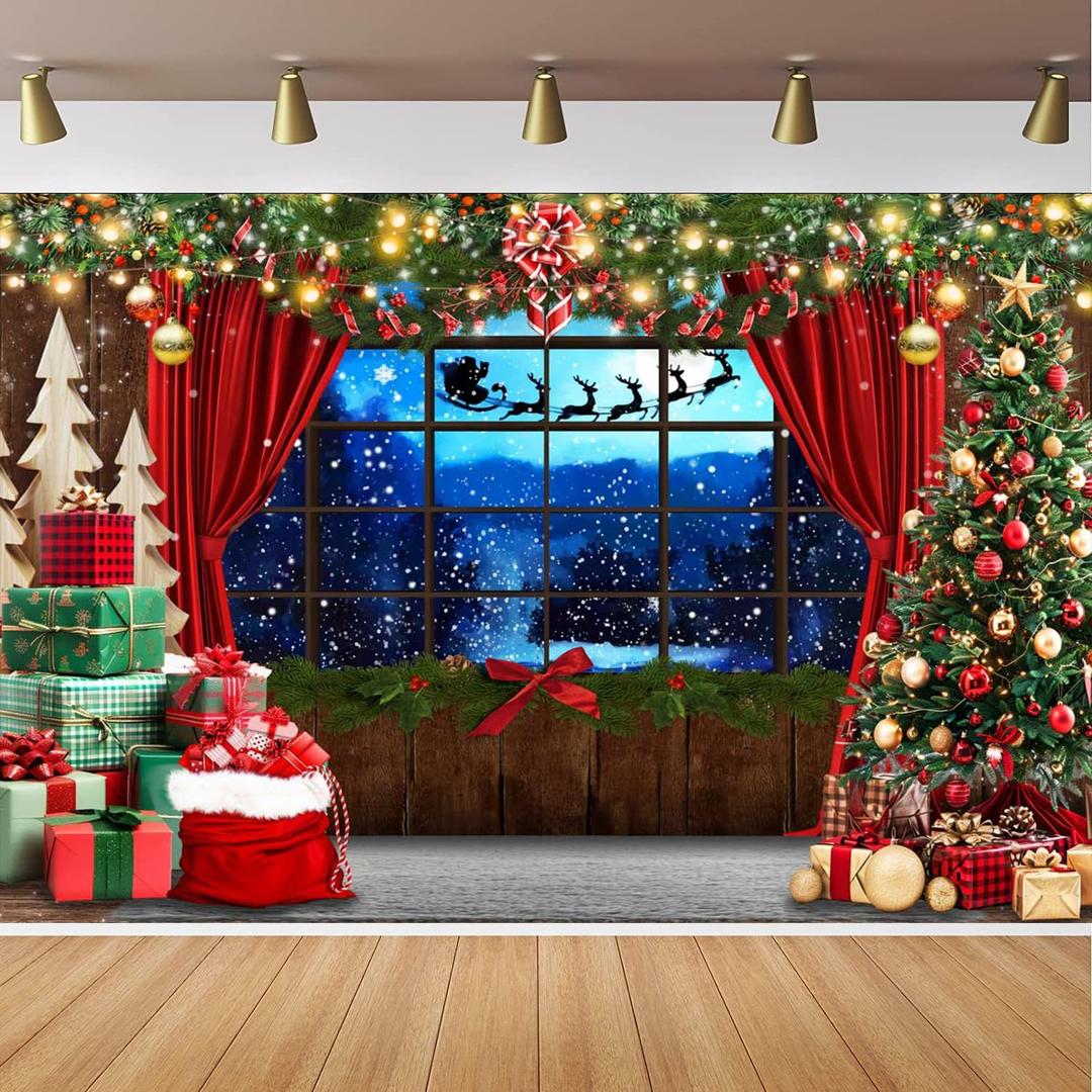 CapiSco Merry Christmas Backdrop for Red Christmas Party Decorations, Red Curtains Windowsill Photo Backdrop Christmas Tree Decoration Xmas Photography Background for Christmas Party Banner 8x6ft