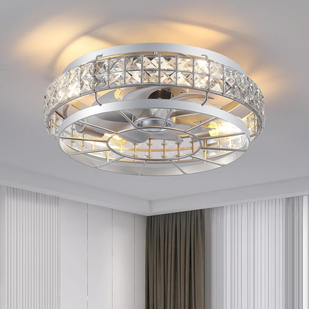 SHIHOT 18" Low Profile Crystal Ceiling Fans with Lights and Remote, Modern Flush Mount Fan, Reversible, 3-Speed, Quiet, Caged Ceiling Fan for Bedroom (Bulbs not included)