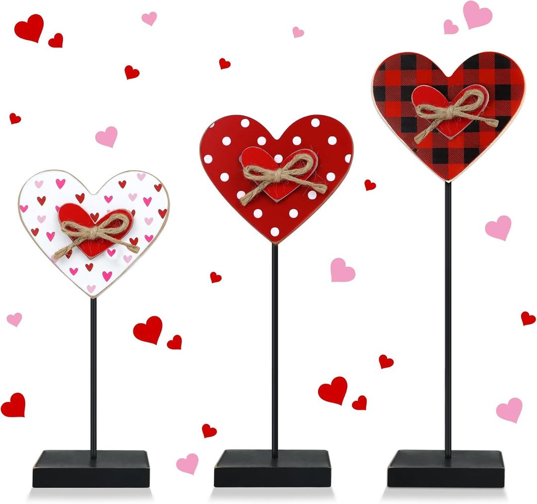 3PCS Valentines Day Decorations Wooden Heart Sign, Rustic Farmhouse Valentine's Day Wooden Table Signs Freestanding Valentines Table Centerpiece for Home Party Mantle Shelf Tiered Tray Decor