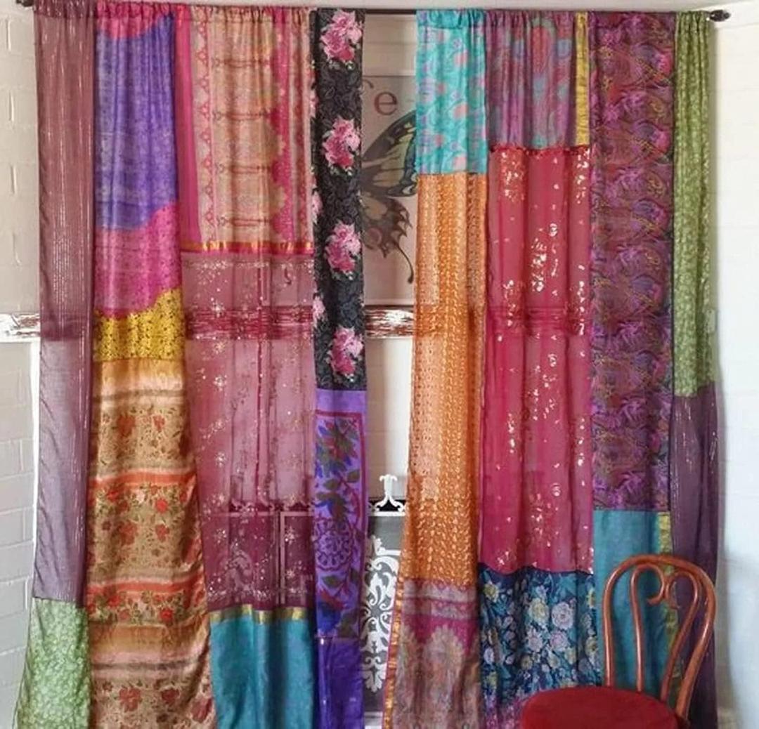 EthinicCraftHub 1 Pair of Indian Vintage Silk Blend Sari Multi Color (Assorted Color) Handmade Patchwork Curtains Drapes Home Decor Curtain/Panels