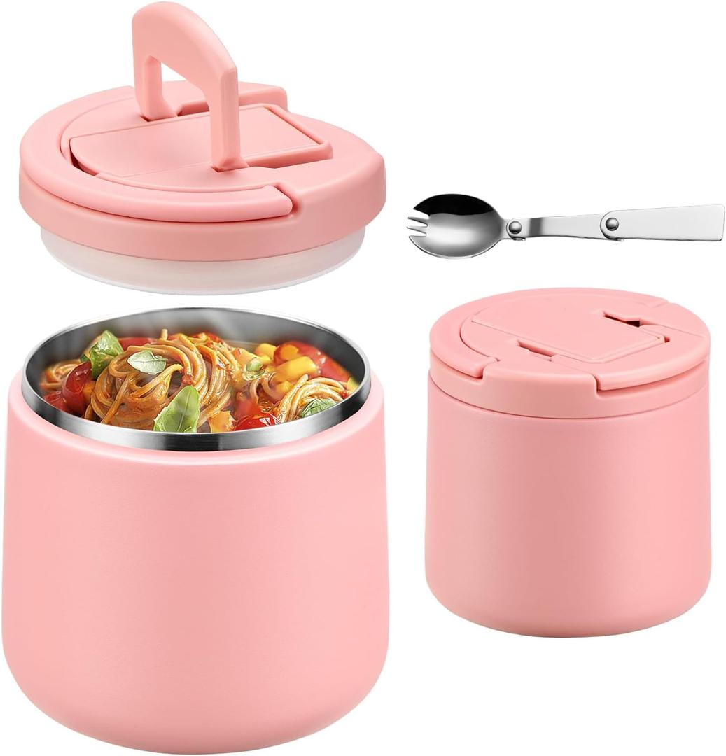 20oz Insulated Vacuum Food Jar with Buckle Lid, Soup Thermo for Hot Food Kids, Wide Mouth Leakproof Stainless Steel Lunch Container with Spoon-Pink