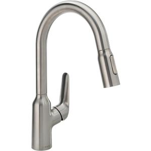 hansgrohe Focus N Stainless Steel Bar Kitchen Faucet, Kitchen Faucets with Pull Down Sprayer, Faucet for Kitchen Sink, Stainless Steel Optic 71801801