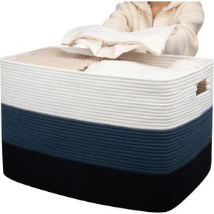 OIAHOMY 118L Extra Large Blanket Basket, Rectangle Woven Cotton Rope Storage Basket,Used for storing Dirty Clothes, Stuffed Animal Toy Storage for Living Room,Kids Room,25" x 17" x 16", Gradient Blue