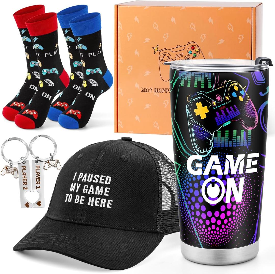 Jekeno Gamer Gaming Tumbler Gift Set for Kids Boys Teens Birthday Christmas Gamepad Gift Box for Men Dad Boyfriend Husband Brother Male Friends Video Game Lovers Mug Socks Hat Gift Basket Presents