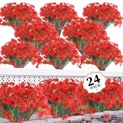 ColoPlay 24 Red Bundles Artificial Flowers for Outdoors/Indoors Fake Flowers Plants for Indoor Outside Garden Porch Window Box Home Wedding Farmhouse