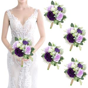 Bridesmaids Bouquets Flowers Set of 4 - Artificial Bridesmaid Bouquet Wedding 7 Inch Rustic Small Floral Centerpiece for Marriage Proposal Party Anniversary Dining Table Decor - Green & Purple