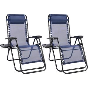 Sweetcrispy Zero Gravity Chairs Set of 2, Outdoor Folding Reclining Lounge Chair with Cup Holder Tray & Adjustable Pillow, Portable Camping Beach Patio Poolside Lawn Yard Chair, Classic Blue, 2pcs