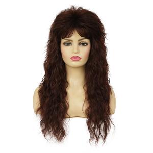 Long Brown Curly Wig for Women 70s 80s Rocker Punk Wigs with Bangs Synthetic Fibre Wig for Halloween Party Cosplay Use (11 x 7.5 x 2.7 in) Long Brown
