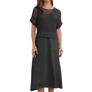 Summer Crochet Two Piece Skirt Set for Women, Short Sleeve Sweater Top and Midi Skirt Set (Large, Black)