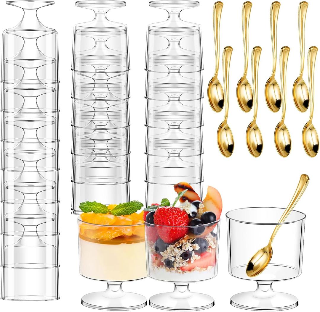 DI QIU REN 120 Pcs 5oz Dessert Cups with Golden Spoon, Plastic Dessert Parfait Cup Clear Appetizer Pudding Cup, Round Serving Goblet Cups Shot Glasse (Round Goblet with Cocktail Picks60Pack)