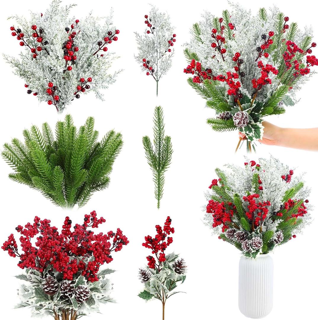 Thiccywoov 62 Pcs Artificial Christmas Flowers with Holly Berries Pine Cones Fake Pine Branches and Snowy Artificial Cedar Picks with Red Berries for Xmas Holiday Floral Arrangement Home Vase Decor