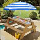 Kids 3-in-1 Sand & Water Table, Wood Outdoor Convertible Picnic Table w/Umbrella, 2 Trays, Removable Top with Faucet, Picnic Table for Outdoor Playset (Natural/Blue)