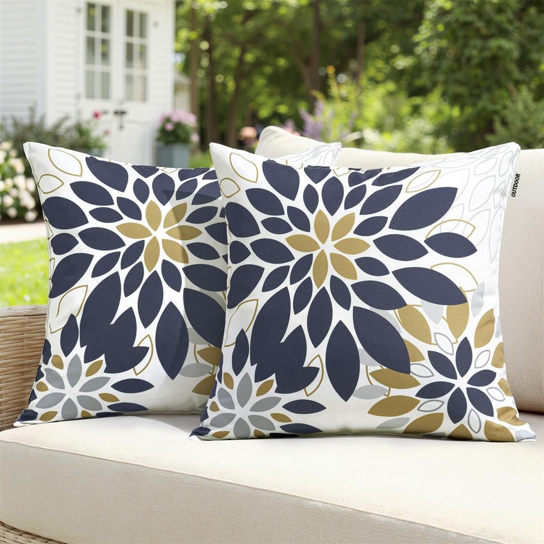 Floral Outdoor Pillow Covers Waterproof Spring Throw Pillow Cases Black Brown 18x18 Inch Set of 2 Decorative Summer Cushion Covers for Patio Furniture Garden Bench Porch Sofa