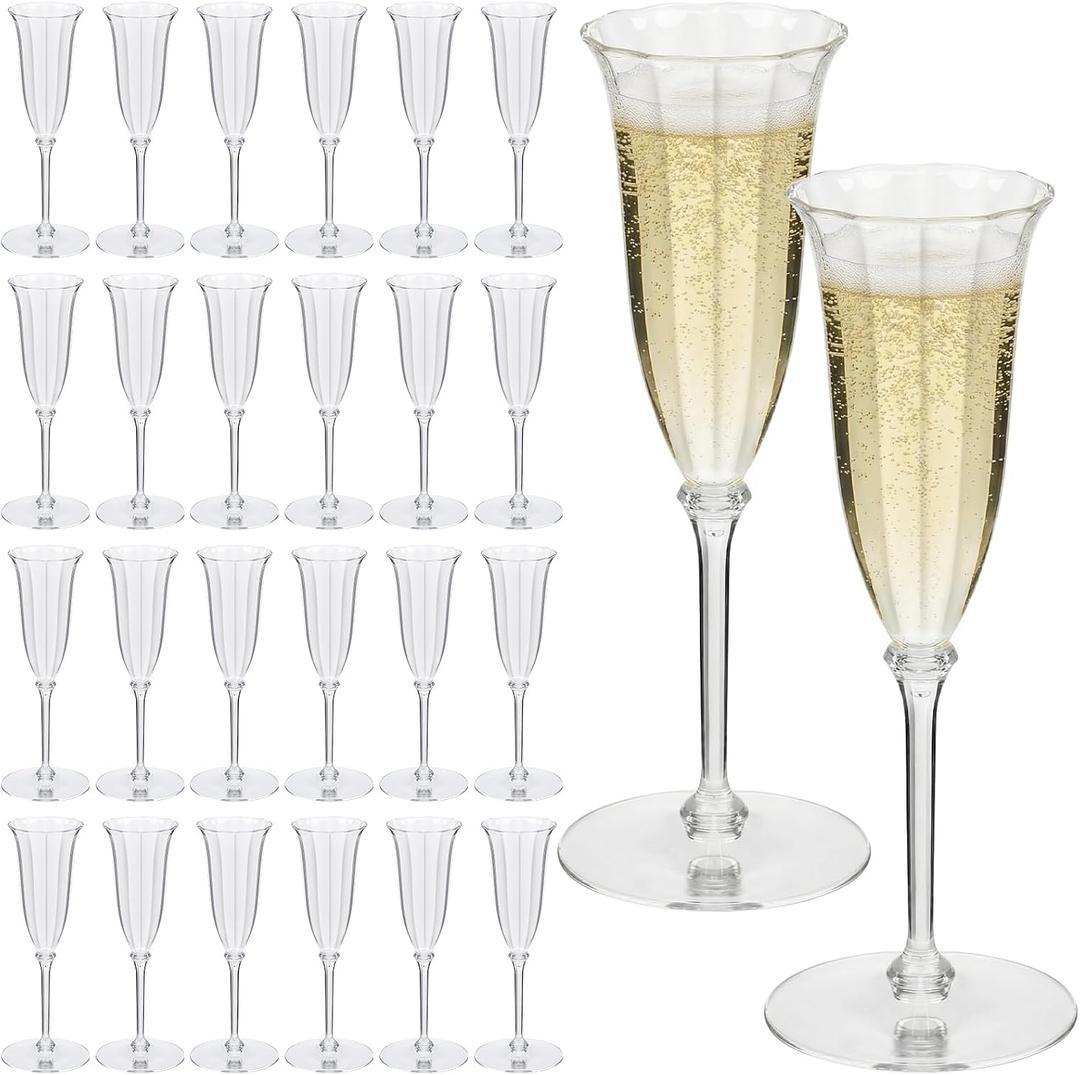 Jingmore 24 Pcs Flower Plastic Champagne Flutes, 3.5 Oz Vintage Coupes Martini, Ribbed Detachable Flower Cocktail Glasses Bulk, Plastic Champagne Glass for Wedding Prosecco Martinis Wine Party, Bar