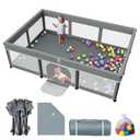 Foldable Baby Playpen with Mat - 74"X50" Large Play Yard for Babies and Toddlers - Indoor & Outdoor Portable Playpen with Storage Bag & 30 Ocean Ball - Baby Fence with Visible Mesh & Zipper Door,Grey