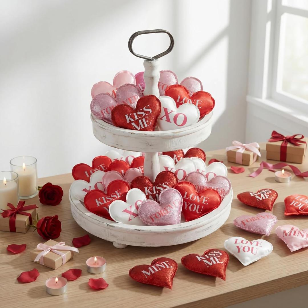 Oudain 36 Pcs 5 Inch Valentines Stuffed Fabric Hearts Tiered Tray Decor Valentine's Day Decor Buffalo Plaid Heart Shaped Hanging Ornaments for Wedding Party Farmhouse Crafts (Light Color Style)